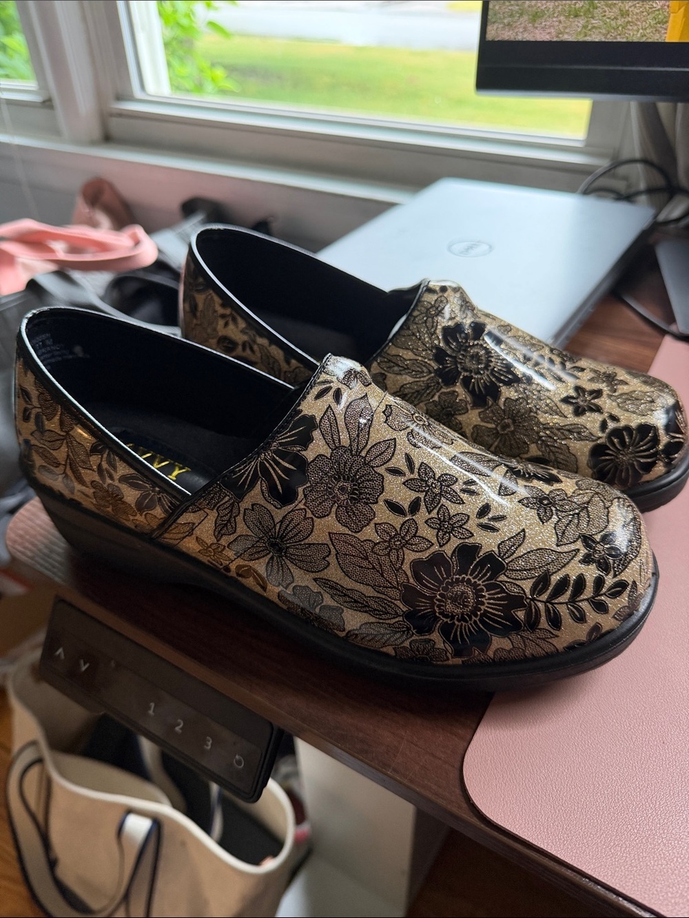 Savvy Gold and Black Floral Slip-On Clogs